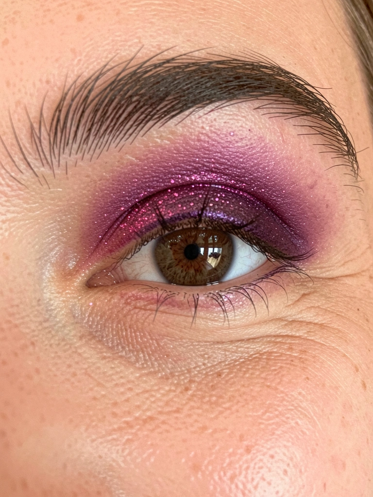 Pessoa aplicando glitter dourado na pálpebra com pincel, olhos fechados e fundo neutro.