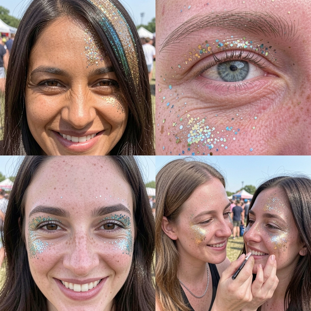 Pessoa aplicando glitter dourado nos olhos com pincel, close no rosto e potes de maquiagem ao fundo