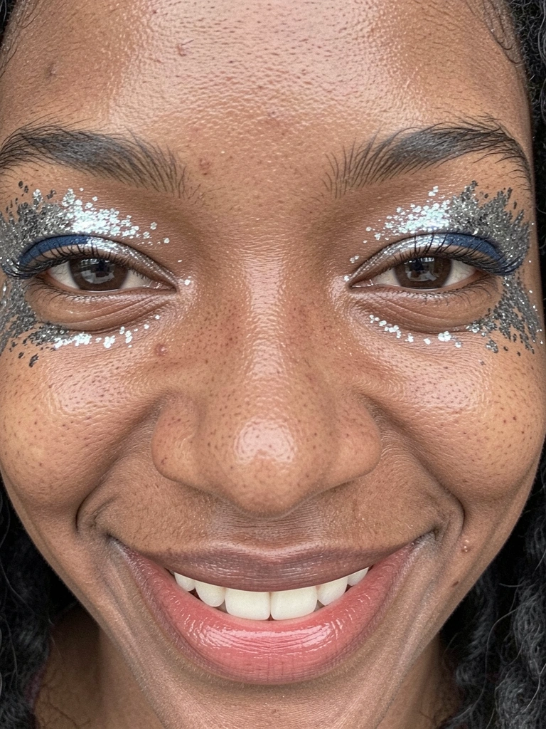 Pessoa aplicando glitter dourado na pálpebra com pincel, close no olho e pele clara.