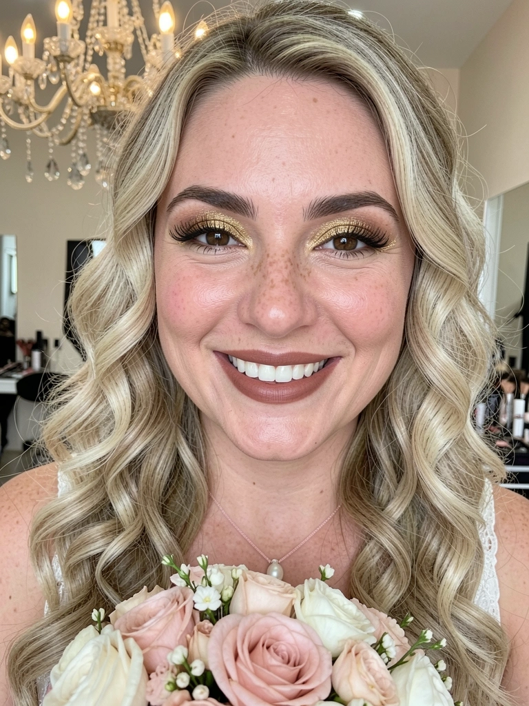 Mulher sorrindo com maquiagem marcada e buquê de flores nas mãos