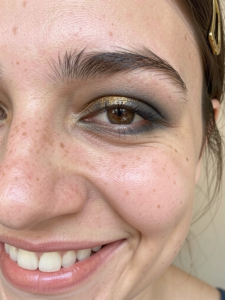 Rosto feminino em close, pele com brilho suave, maçãs do rosto destacadas e lábios em tom nude
