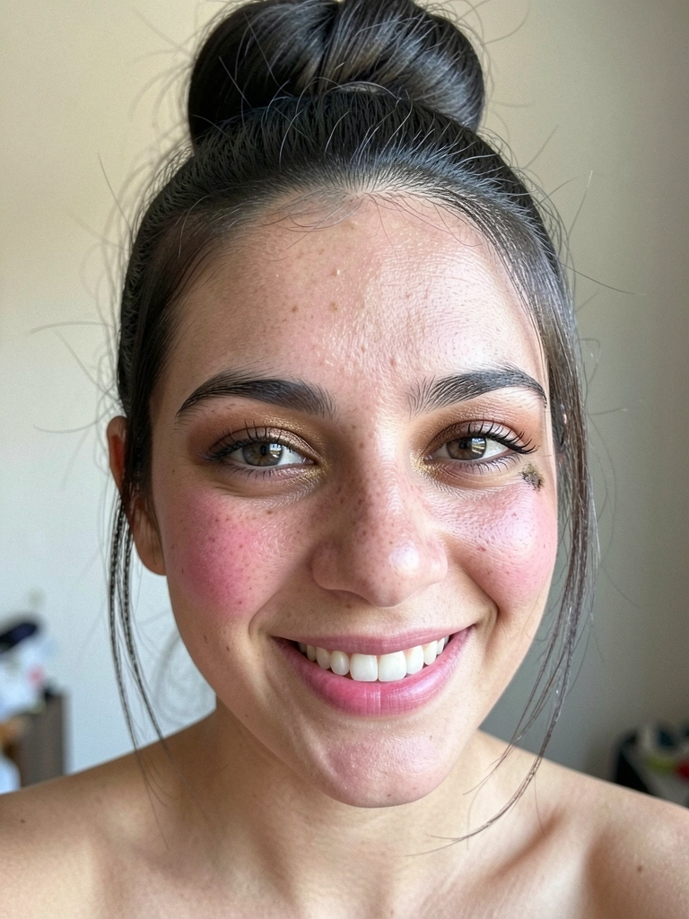 Paleta de sombras em tons neutros e pincel de maquiagem sobre bancada de mármore branco