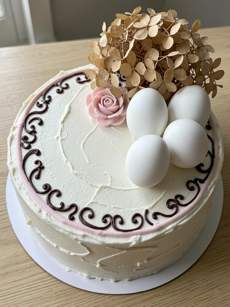Bolo de aniversário de dois andares com glacê rosa, flores frescas e confeitos prateados sobre suporte branco.