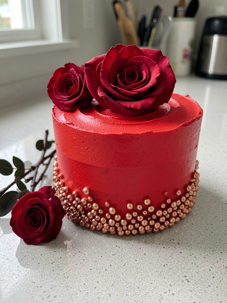Bolo de aniversário de dois andares com glacê rosa, flores de açúcar e confeitos prateados sobre suporte branco