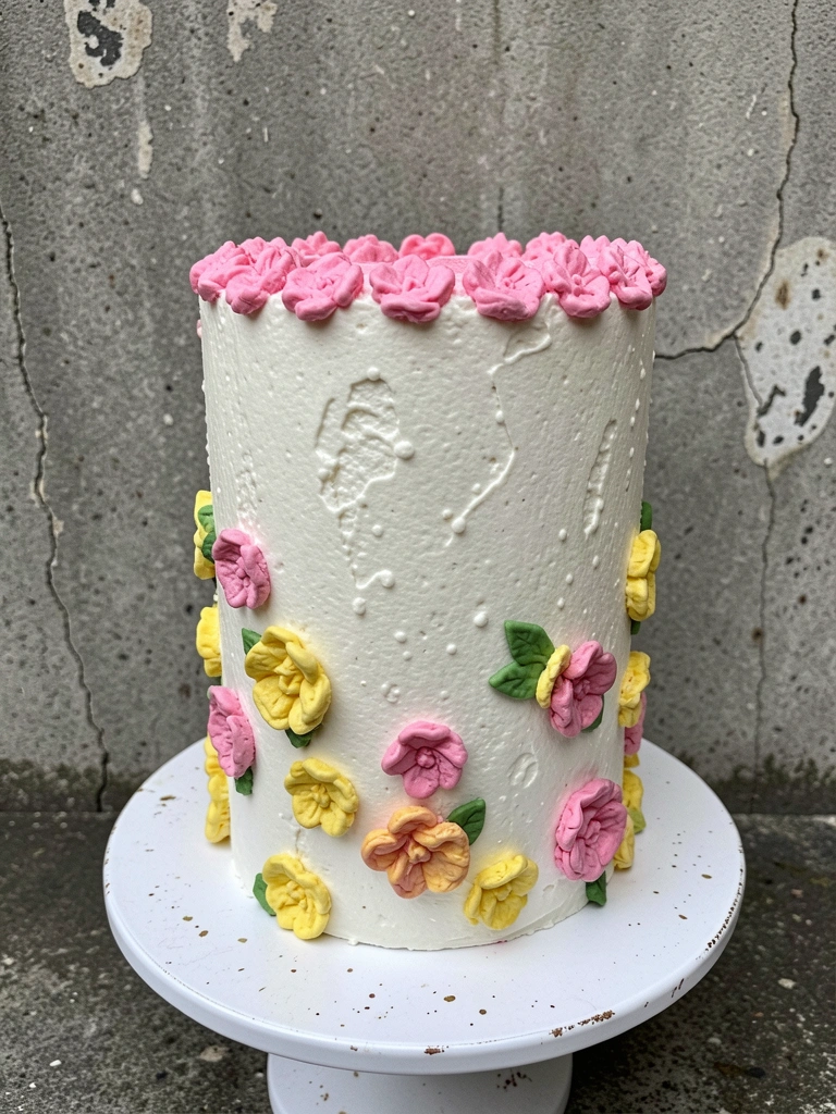 Bolo de aniversário redondo com cobertura rosa, flores frescas e detalhes em chocolate na superfície