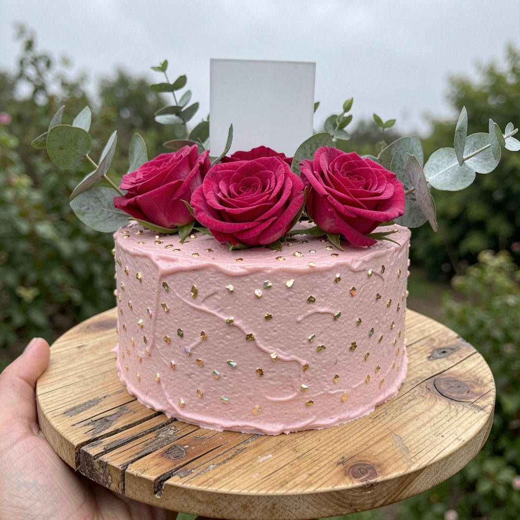 Bolo de aniversário branco com flores cor-de-rosa e detalhes em chocolate.