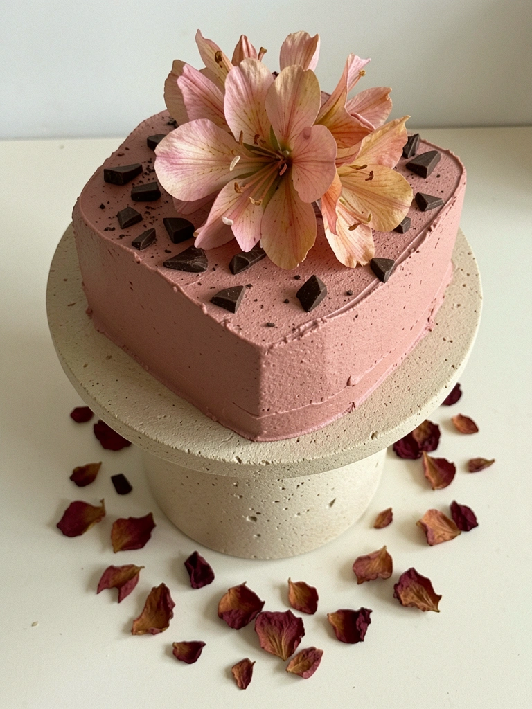 Bolo de aniversário branco com flores cor-de-rosa e detalhes em chocolate.