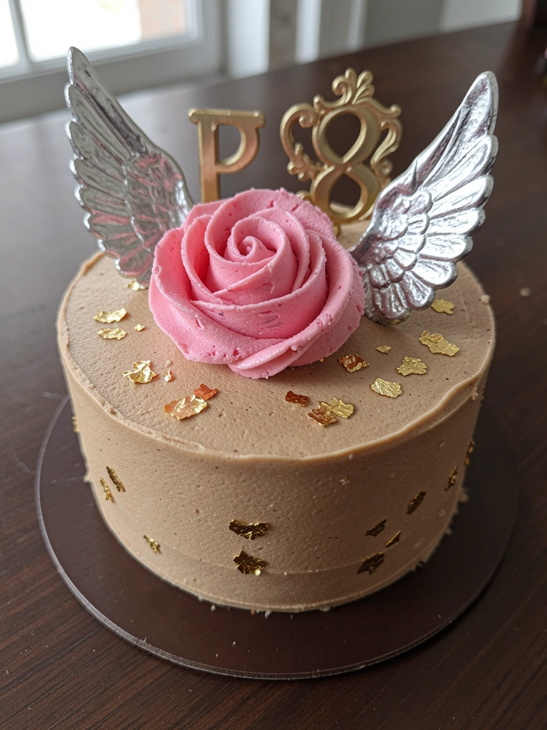 Bolo de aniversário redondo com cobertura rosa, flores frescas e detalhes em chocolate sobre suporte de vidro.