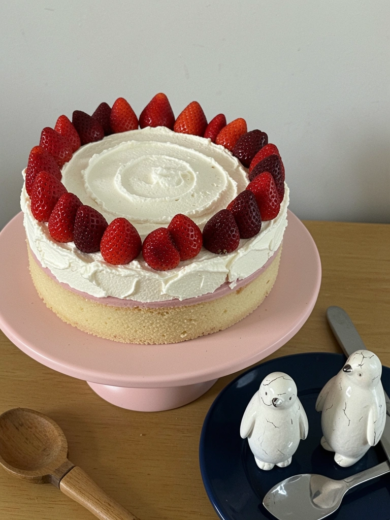 Bolo de aniversário cor-de-rosa com flores de açúcar e confeitos prateados sobre mesa de mármore.