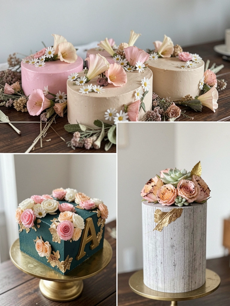 Bolo de aniversário de dois andares com glacê rosa e decoração floral em cima de mesa de madeira