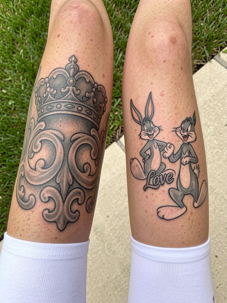 Mulher sentada com tatuagem na canela, ambiente claro e neutro.