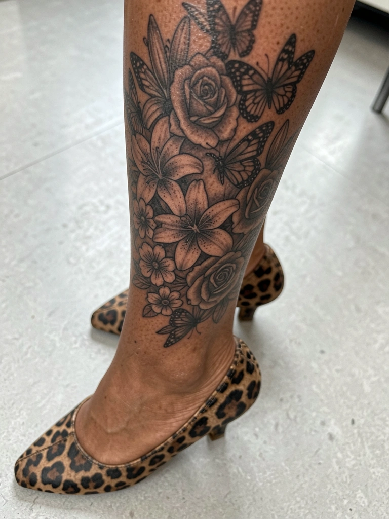 Mulher sentada com tatuagem na canela, vestindo calça jeans e tênis branco, em ambiente claro.