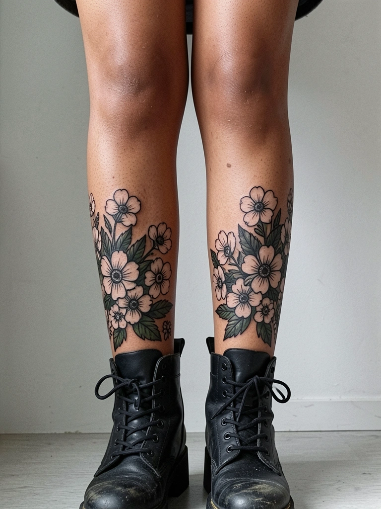 Mulher sentada com tatuagem na canela, pernas cruzadas, ambiente claro