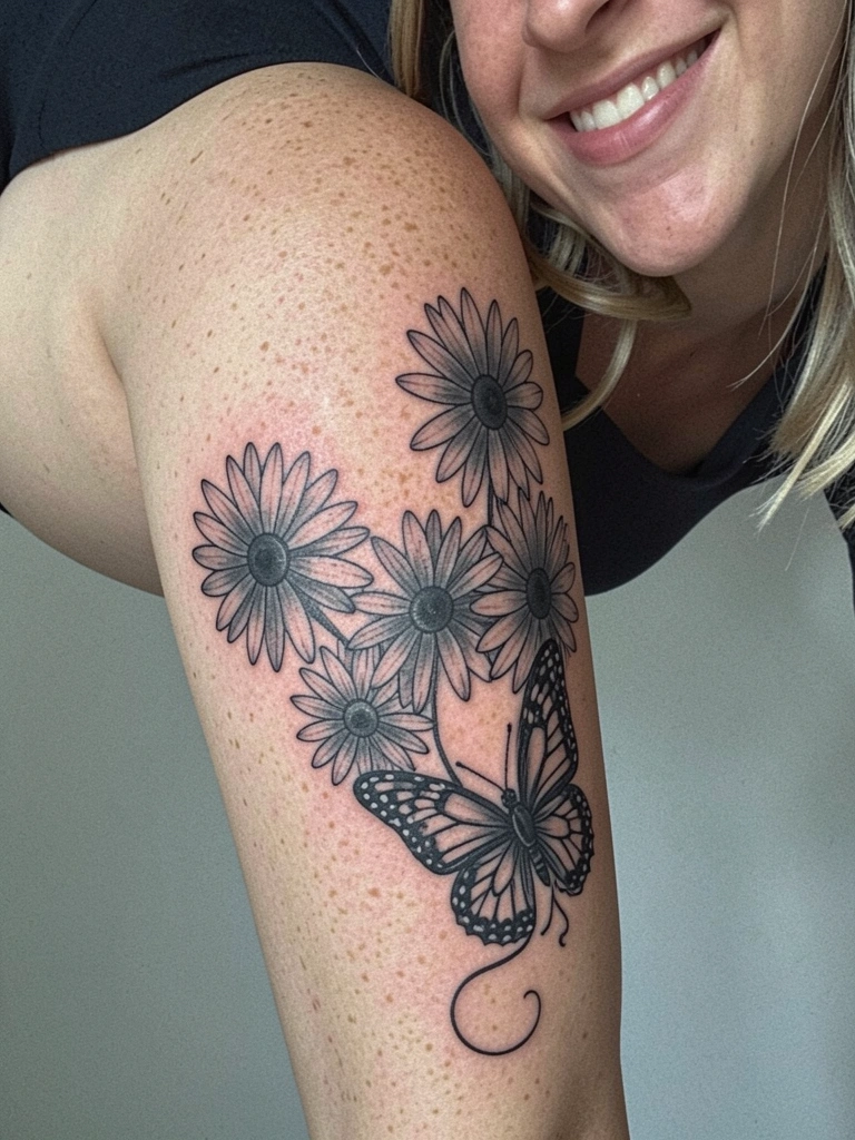 Perna feminina com tatuagem delicada na canela, sentada em banco de madeira, luz natural suave ao fundo