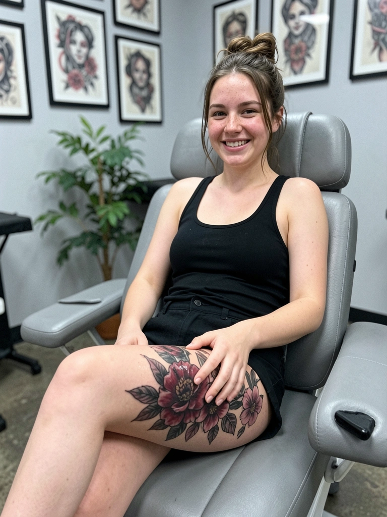 Canela feminina com tatuagem de flores delicadas em traço fino, vista em close durante o dia.