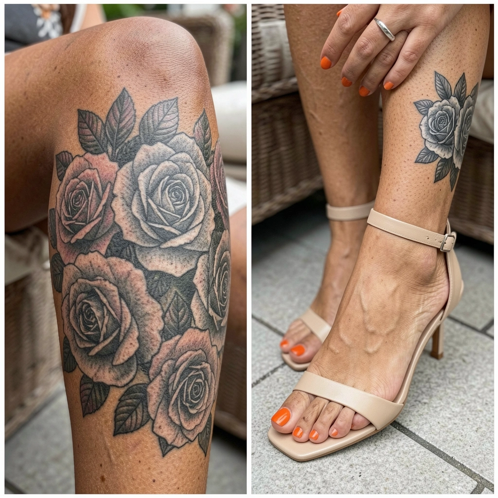 Mulher sentada com tatuagem na canela, luz natural suave em fundo neutro