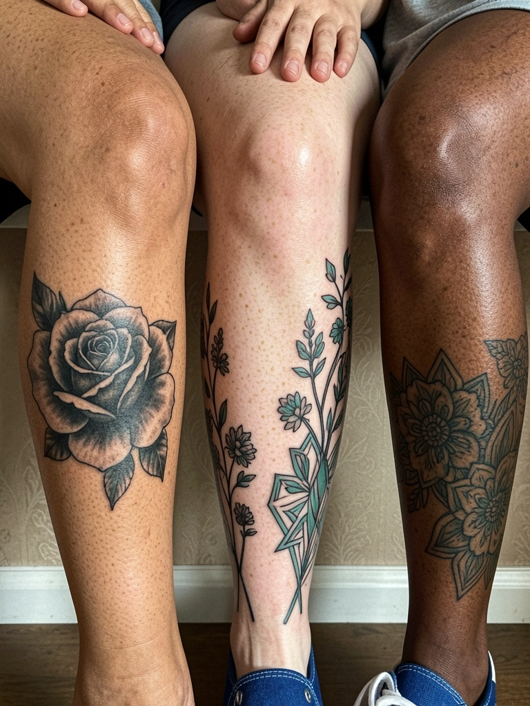 Mulher sentada com tatuagem na canela, vestido floral, luz natural suave ao fundo.