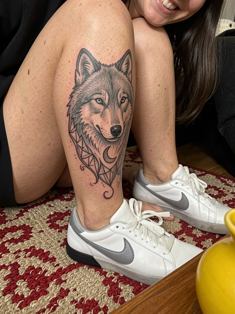 Mulher sentada com tatuagem na canela, ambiente claro e neutro ao fundo