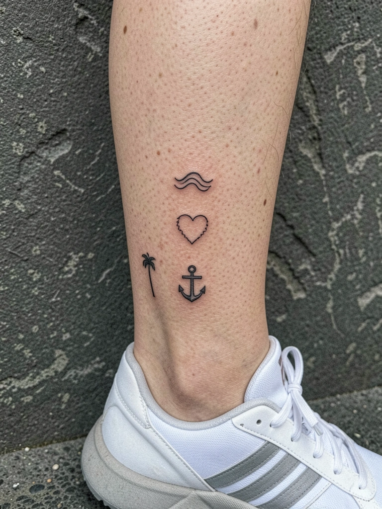 Mulher sentada com a perna cruzada, exibindo tatuagem floral na canela, em ambiente claro e minimalista.