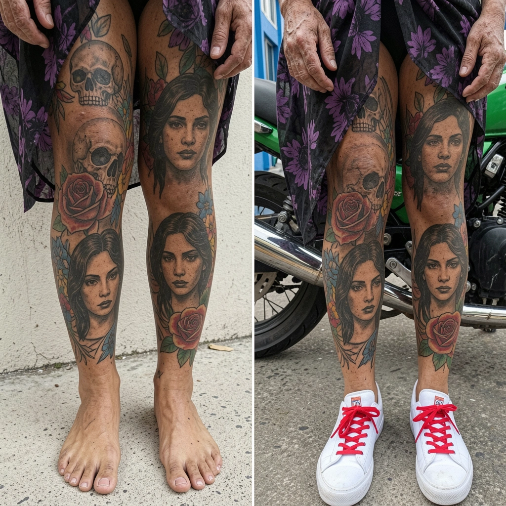 Mulher sentada com a perna cruzada, exibindo tatuagem delicada na canela, em ambiente claro e minimalista.