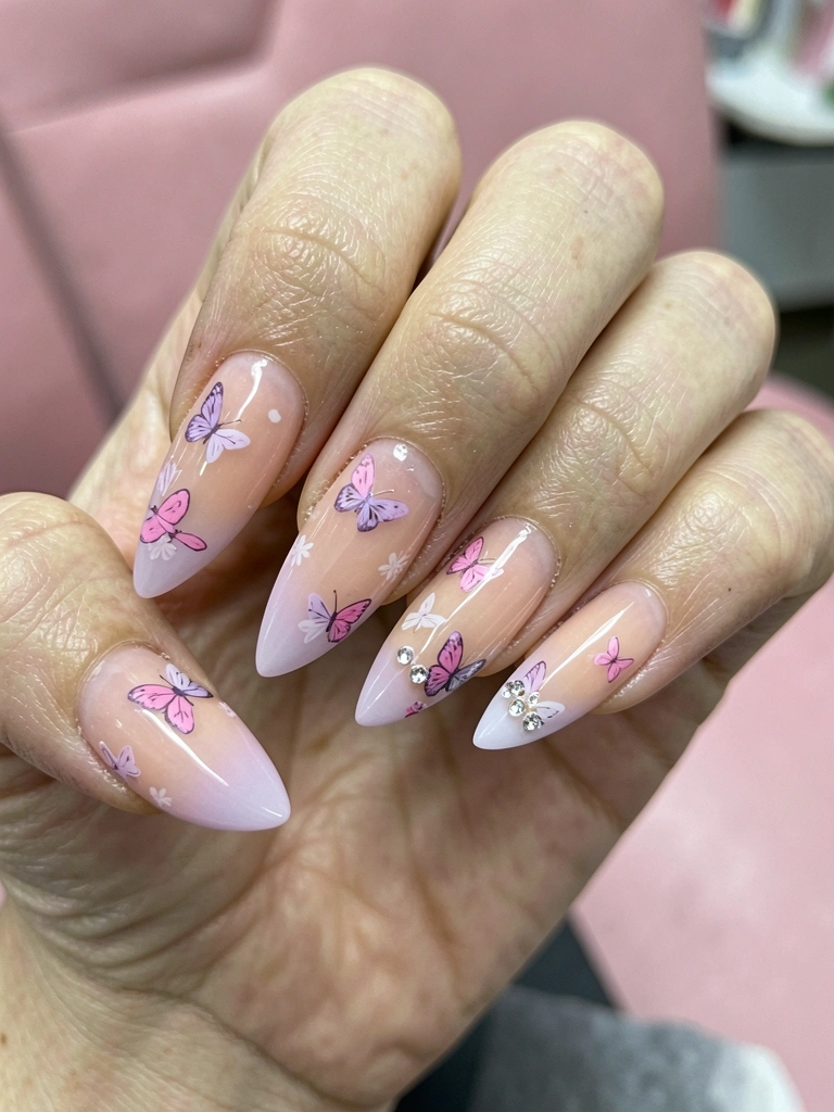 Mãos com unhas pintadas em tom lilás claro sobre fundo neutro, com anel fino no dedo.