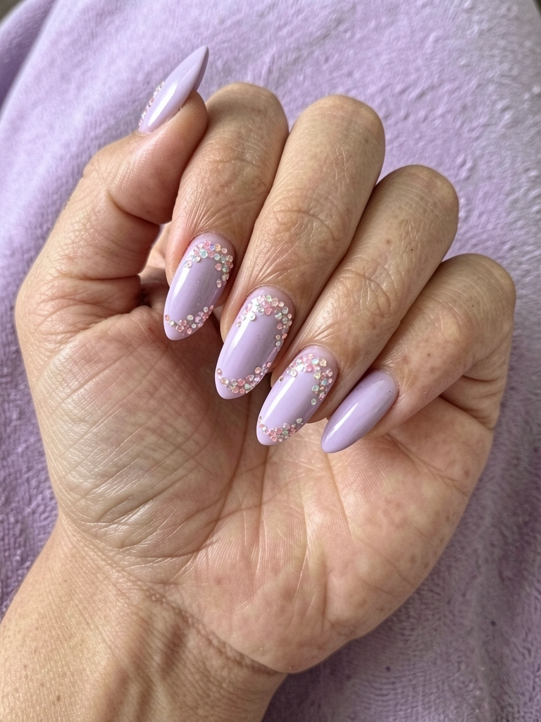 Mãos com unhas pintadas em tom lilás sobre superfície clara, com anel fino no dedo.