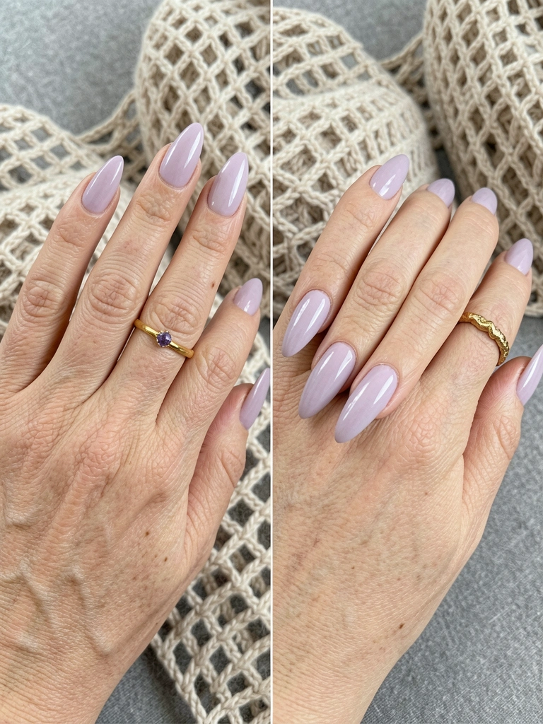 Mãos com unhas pintadas em tom lilás claro sobre superfície neutra, luz suave lateral