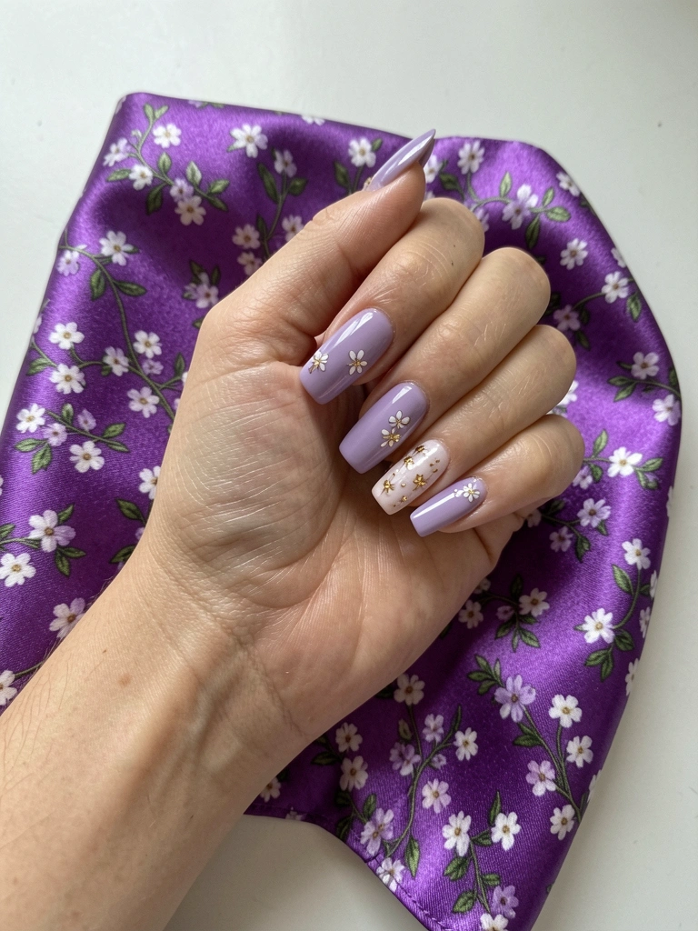Mãos com unhas pintadas de lilás claro, apoiadas sobre superfície branca.