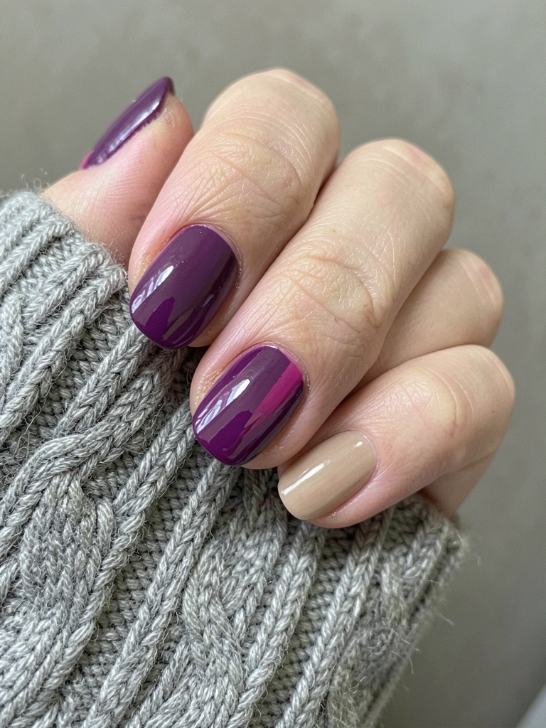 Mãos com unhas pintadas em tom lilás sobre superfície clara, com anel fino no dedo.