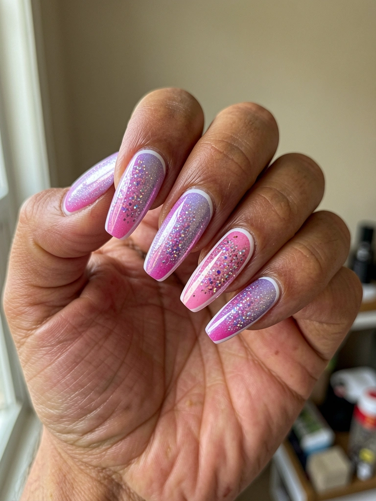 Mãos com unhas pintadas em tom lilás claro, apoiadas sobre superfície neutra.