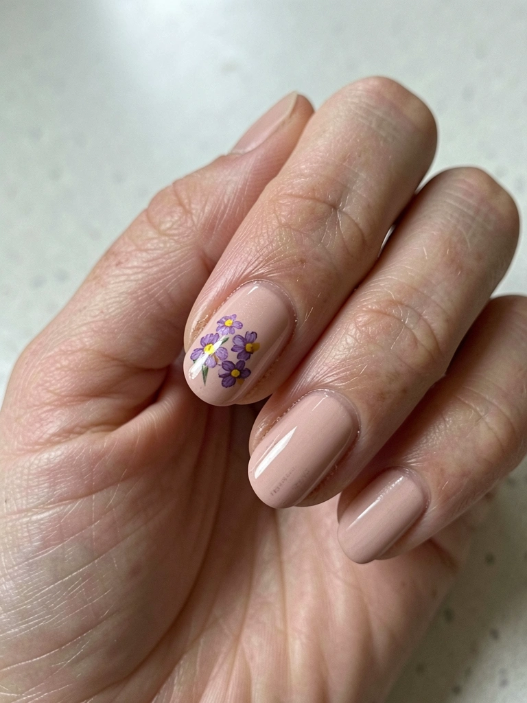 Mãos com unhas pintadas em tom lilás apoiadas sobre superfície clara.