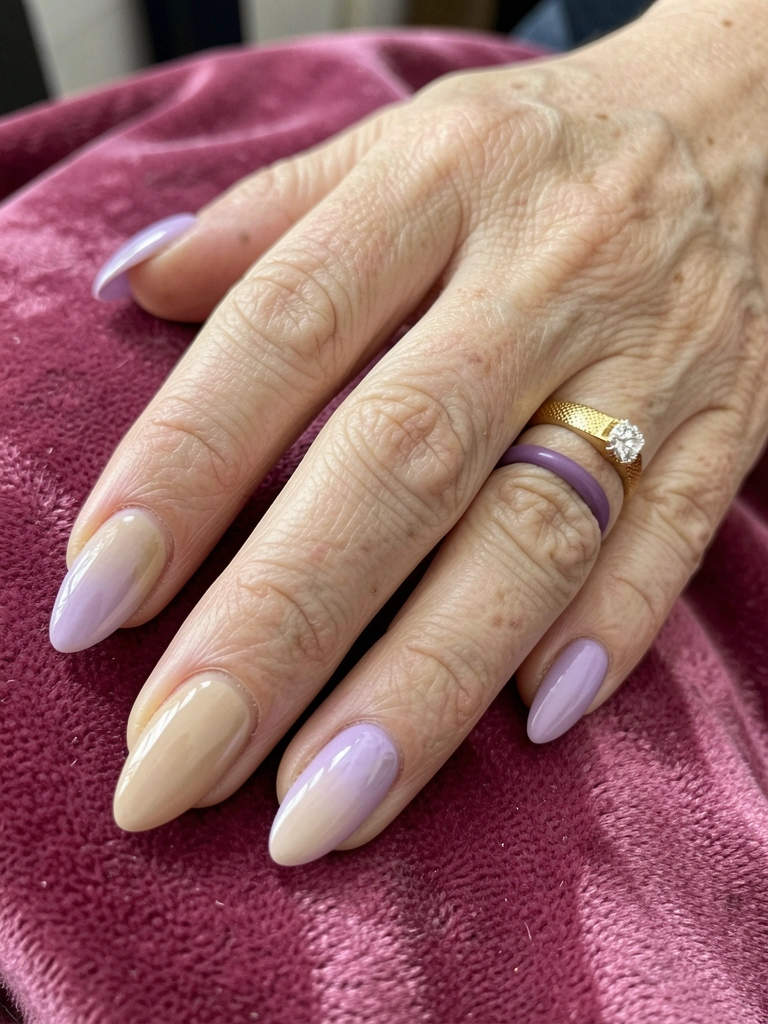 Mãos com unhas pintadas em tom lilás sobre superfície clara, com anel fino no dedo.
