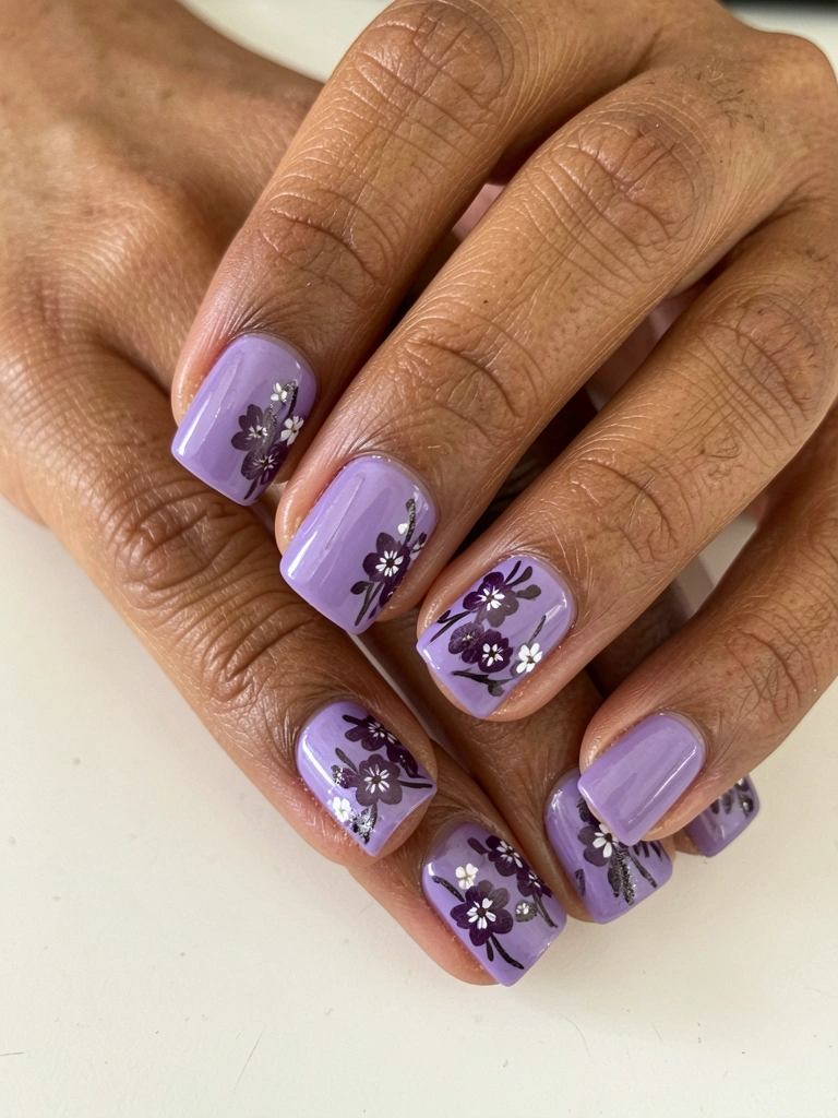 Mãos com unhas pintadas de lilás, anel dourado e fundo neutro desfocado.