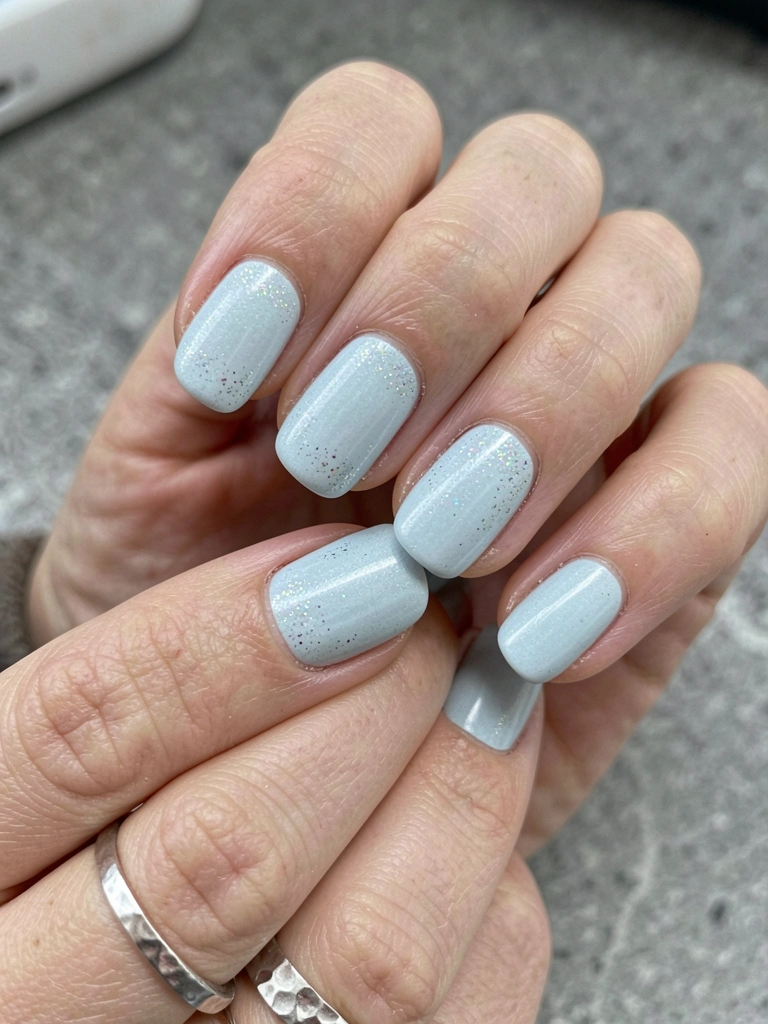 Mãos com unhas pintadas em azul claro pastel sobre fundo neutro suave