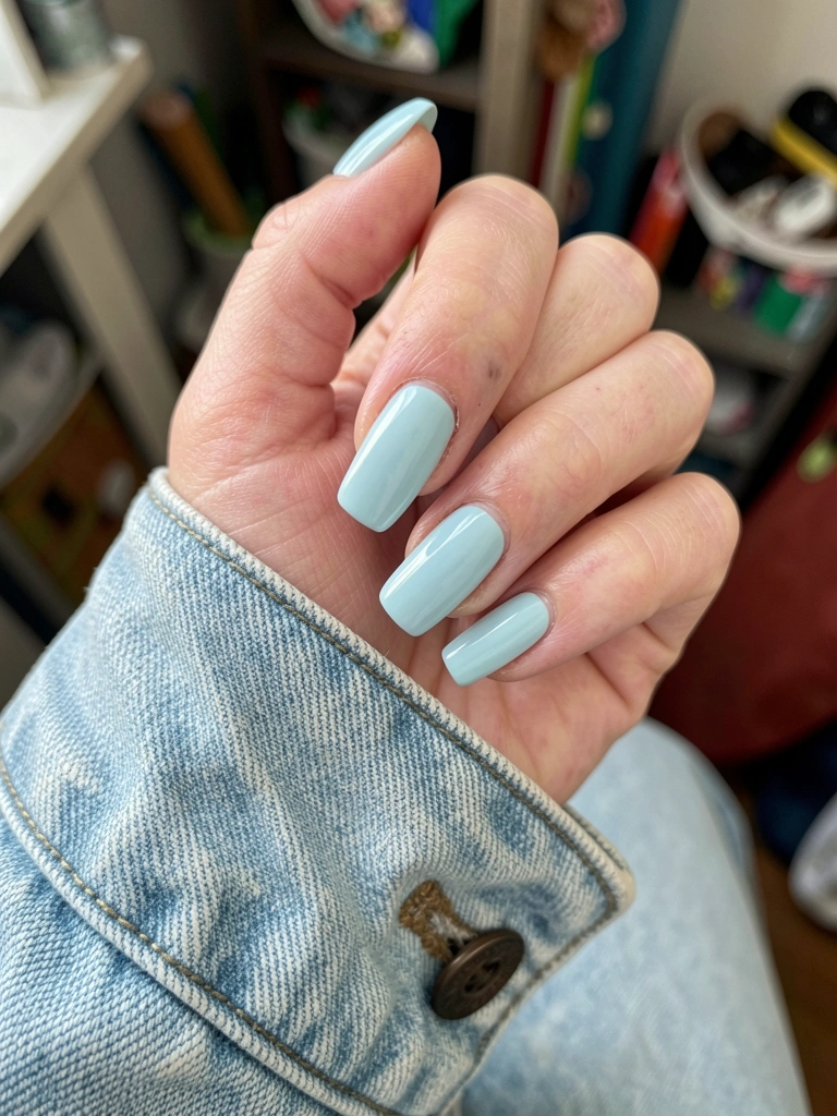 Mosaico com unhas azul claro em formatos quadrado, amendoado e redondo, algumas com francesinha e brilho
