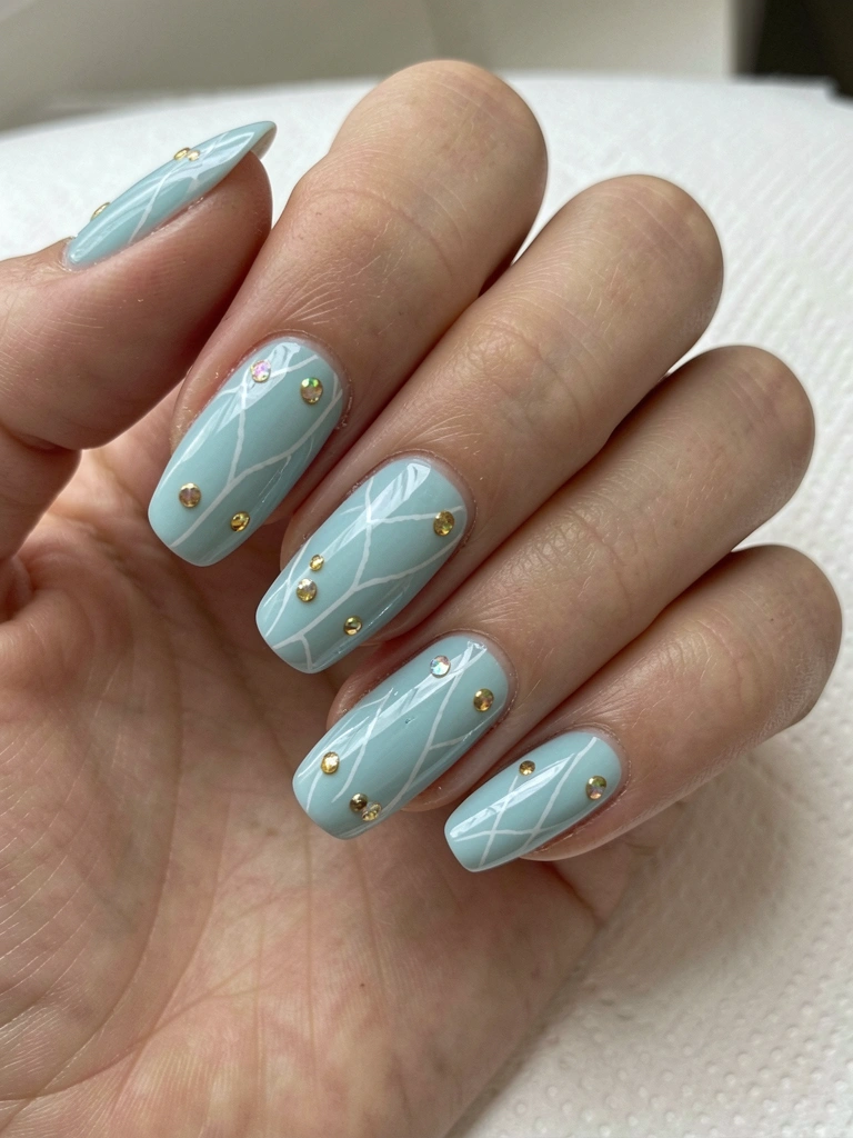 Mãos com unhas curtas pintadas de esmalte azul bebê brilhante sob luz natural