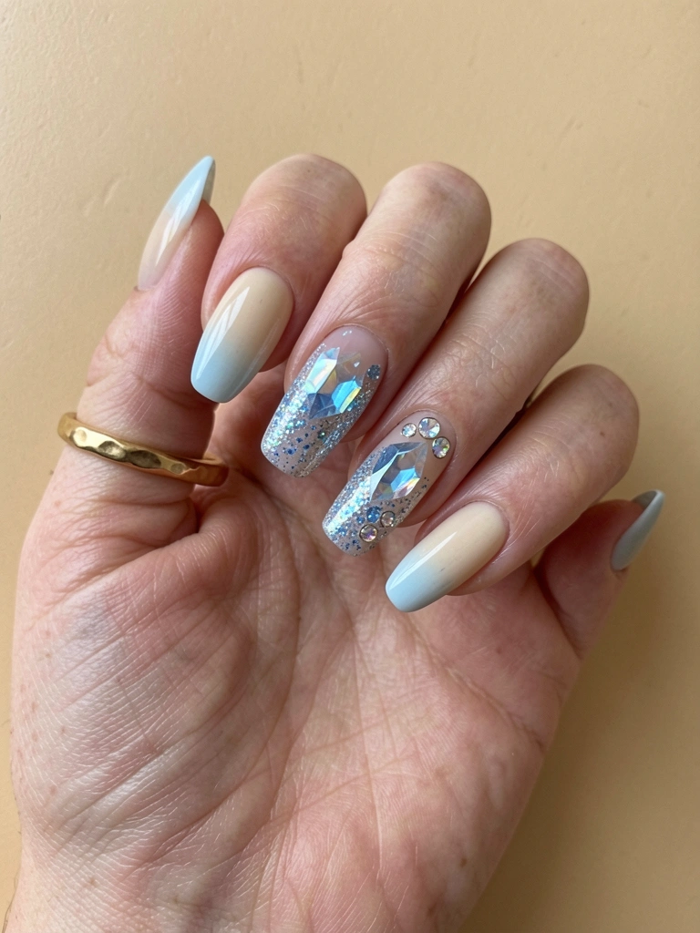 Mãos com unhas pintadas em azul claro sobre fundo neutro, com brilho suave na superfície