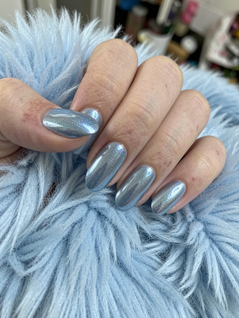 Mãos com unhas pintadas em azul claro sobre fundo neutro, com brilho suave.
