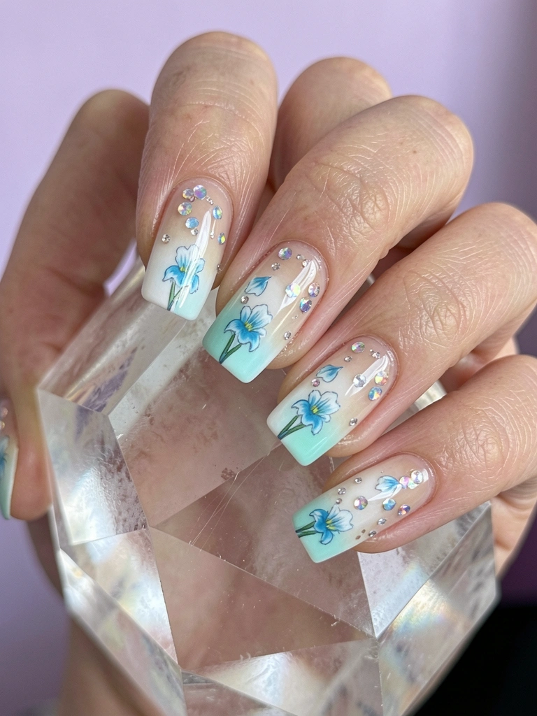 Mãos com unhas pintadas em azul claro pastel sobre fundo neutro e iluminação suave