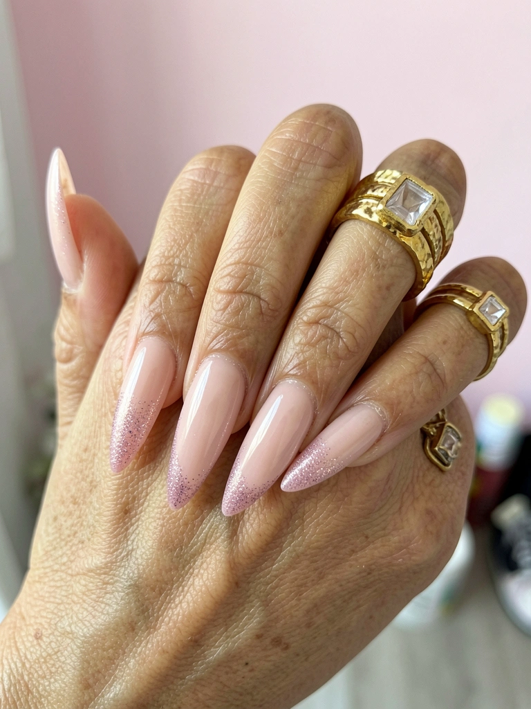 Close-up de mãos com unhas nude e pontas cobertas por glitter fino sobre fundo claro