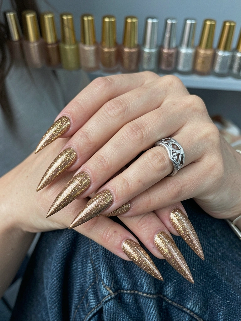 Frascos de esmalte com glitter dourado e prata alinhados sobre superfície clara