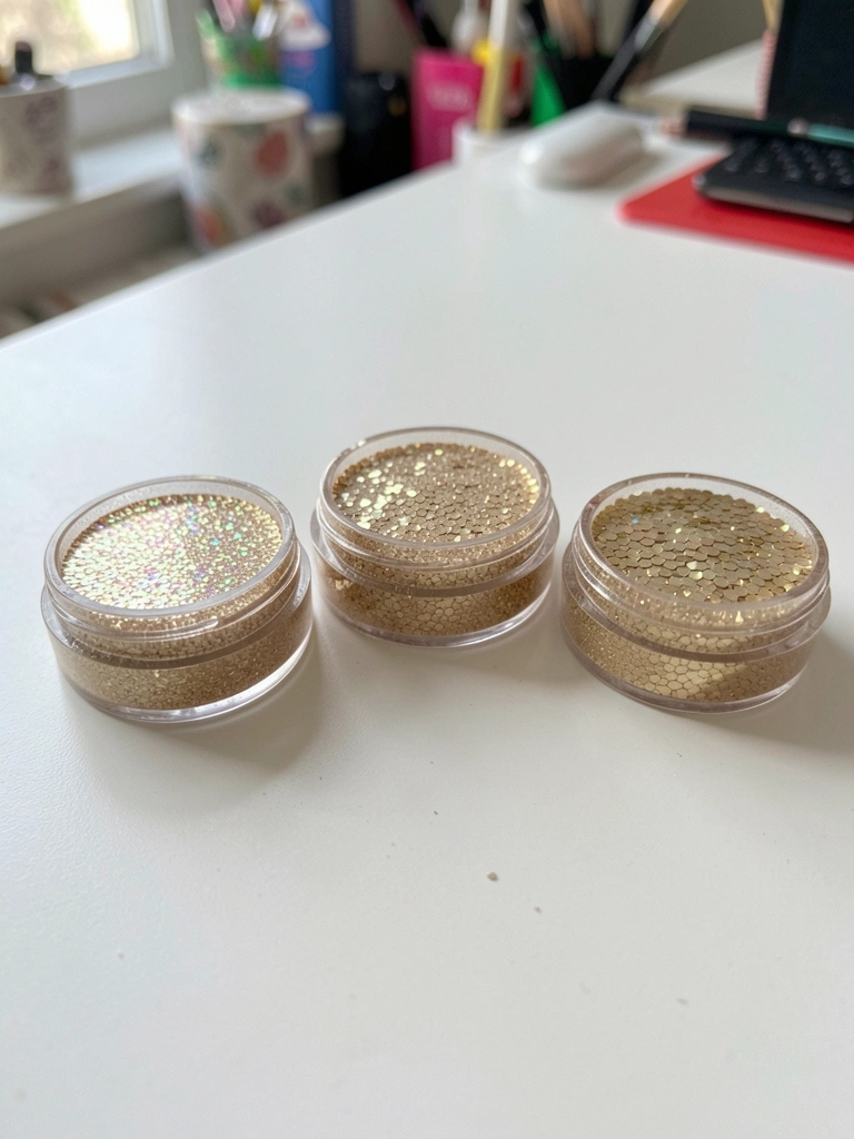 Três potes de glitter sobre superfície branca: um com partículas finas, um flocado e um hexagonal.