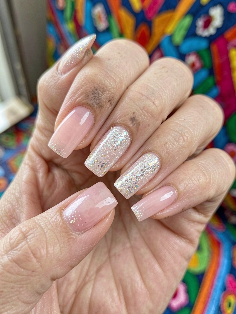 Mãos com unhas compridas em tom nude cobertas por glitter dourado, sobre fundo neutro.