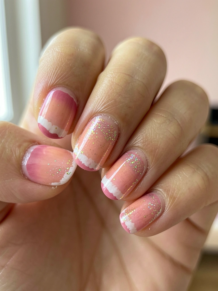 Unhas compridas com esmalte rosa claro e glitter dourado aplicado nas pontas.