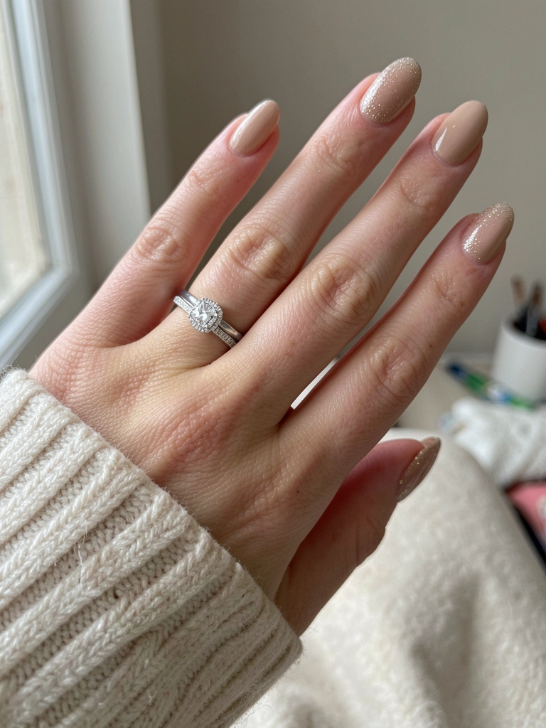 Close-up de mãos com unhas nude e glitter fino nas pontas, sobre fundo claro.