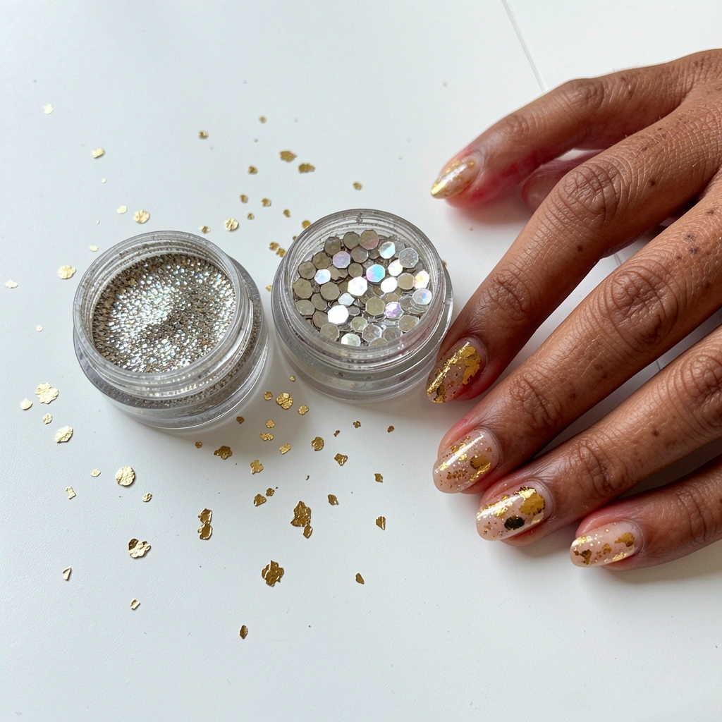 Três potes de glitter sobre superfície branca: um com partículas finas, um flocado e um hexagonal