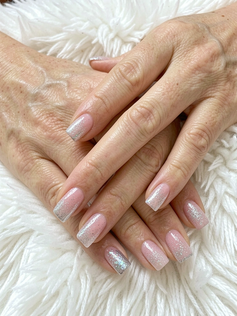 Unhas compridas com esmalte rosa claro e glitter dourado concentrado nas pontas.